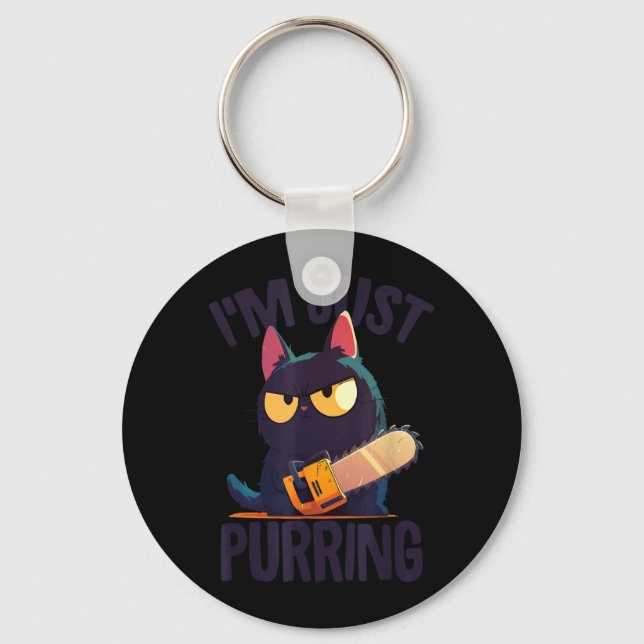 Funny Halloween Cat With Chainsaw Murderous Black Keychain (Front)