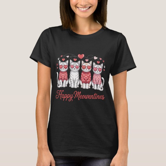 Funny Halloween Cats in Heart Sweaters T-Shirt, Cu (Front)