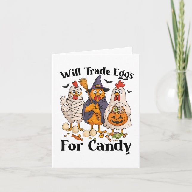 Funny Halloween Chicken Trade Eggs For Candy Trick Card (Front)