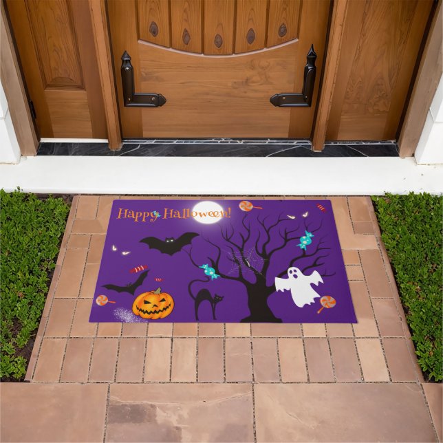 Funny Halloween creatures and candies Doormat (Outdoor)