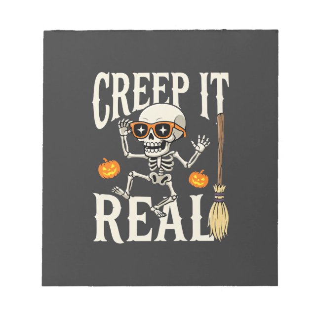 Funny Halloween Creep It Real Dancing Skeleton Des Notepad (Front)