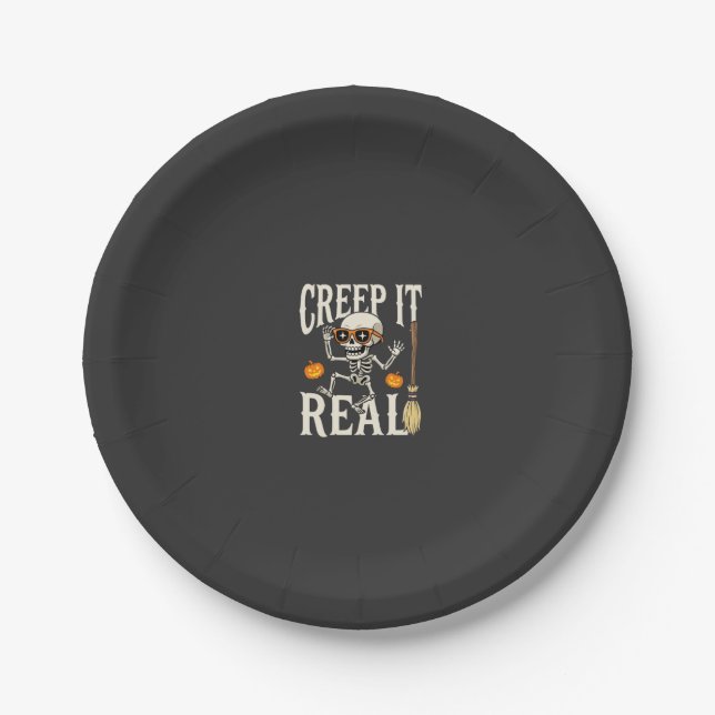 Funny Halloween Creep It Real Dancing Skeleton Des Paper Plate (Front)