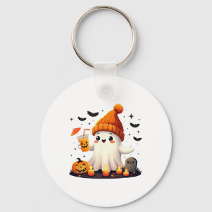 Funny Halloween Cute Ghost Drinking Ice Coffee Wom Keychain