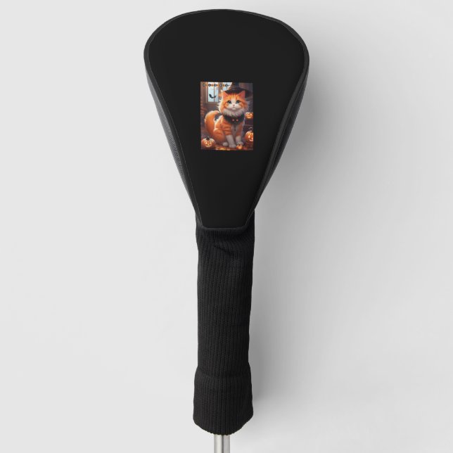 Funny Halloween Cute Orange Cat with Wizard Hat Ba Golf Head Cover (Front)