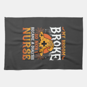Funny Halloween Dialysis Nurse Witch Broom Design Kitchen Towel