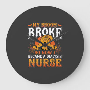 Funny Halloween Dialysis Nurse Witch Broom Design Large Clock