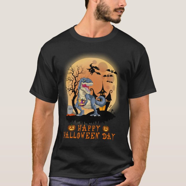 Funny Halloween Dinosaur Pumpkin Scary T Rex T-Shirt (Front)