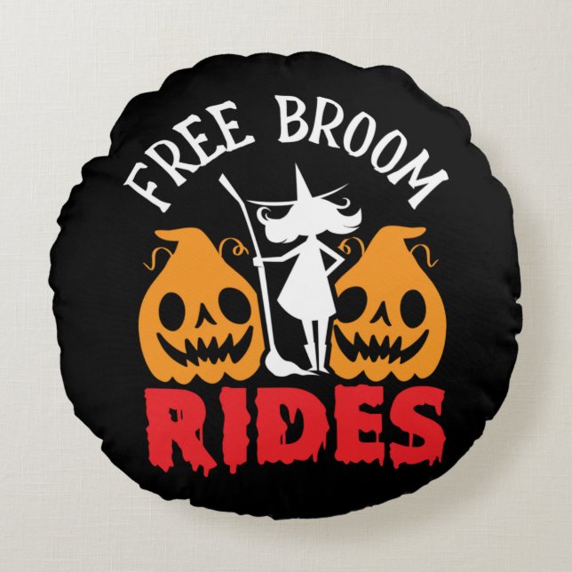 Funny Halloween Free Broom Rides Witch Pumpkins  Round Pillow (Front)
