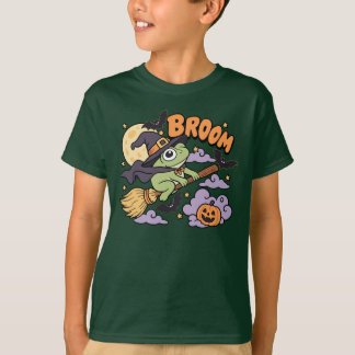 Funny Halloween Frog Witch Broomstick Pumpkin Bat  T-Shirt