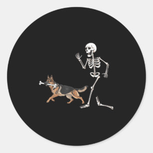 Funny Halloween German Shepherd And Skeleton  Classic Round Sticker