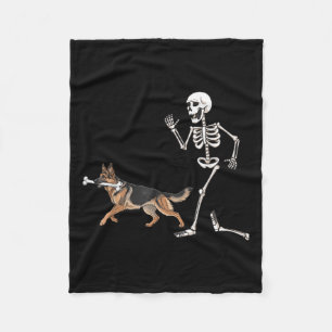 Funny Halloween German Shepherd And Skeleton Fleece Blanket
