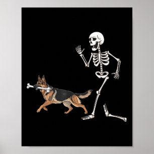 Funny Halloween German Shepherd And Skeleton  Poster