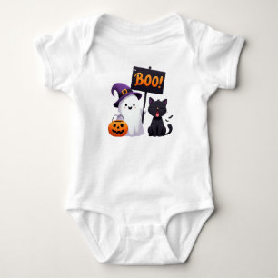 Funny Halloween Ghost and Unimpressed Cat Cartoon Baby Bodysuit