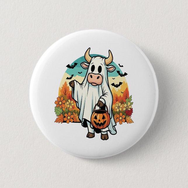 Funny Halloween Ghost Cow 2 Inch Round Button (Front)