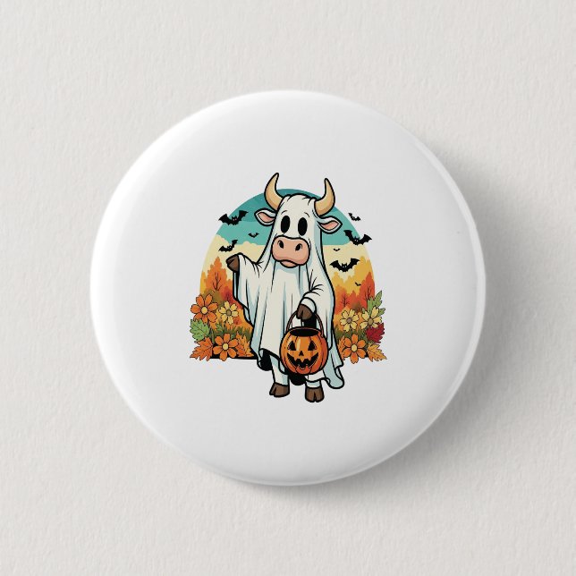 Funny Halloween Ghost Cow 2 Inch Round Button (Front)