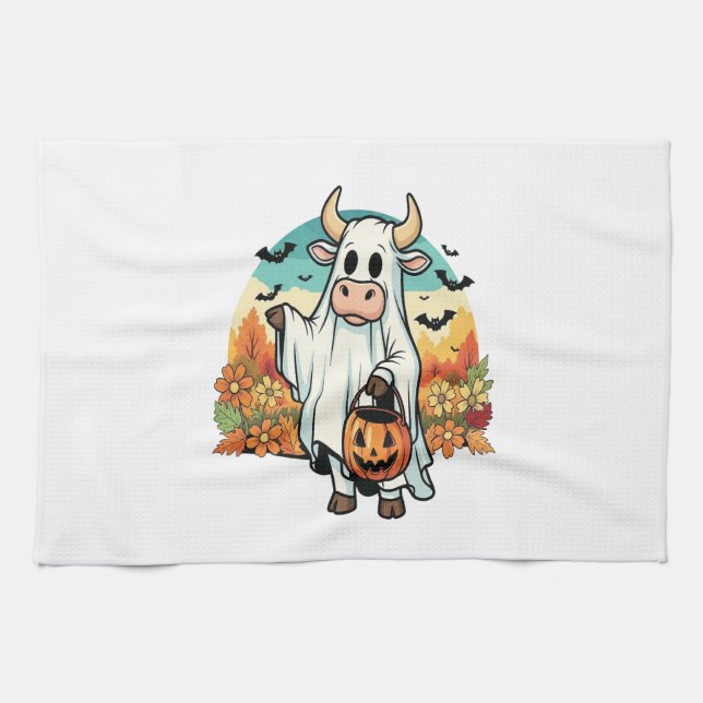 Funny Halloween Ghost Cow Kitchen Towel (Horizontal)