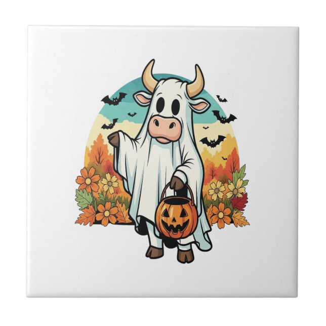 Funny Halloween Ghost Cow Tile (Front)