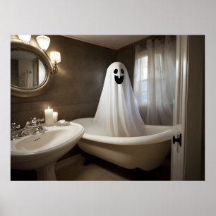 Funny Halloween ghost in bathroom toilet Poster