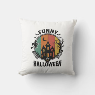 Funny Halloween Haunted House Vintage Vector Desig Throw Pillow