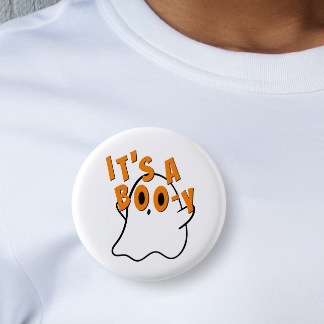 Funny Halloween It's A Boy Ghost Baby Gender 1 Inch Round Button (it's a boy ghost Halloween baby shower gender reveal white button pin)