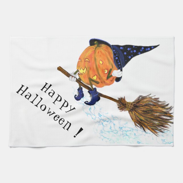 Funny Halloween Kitchen Towel Witch Pumpkin Flying (Horizontal)