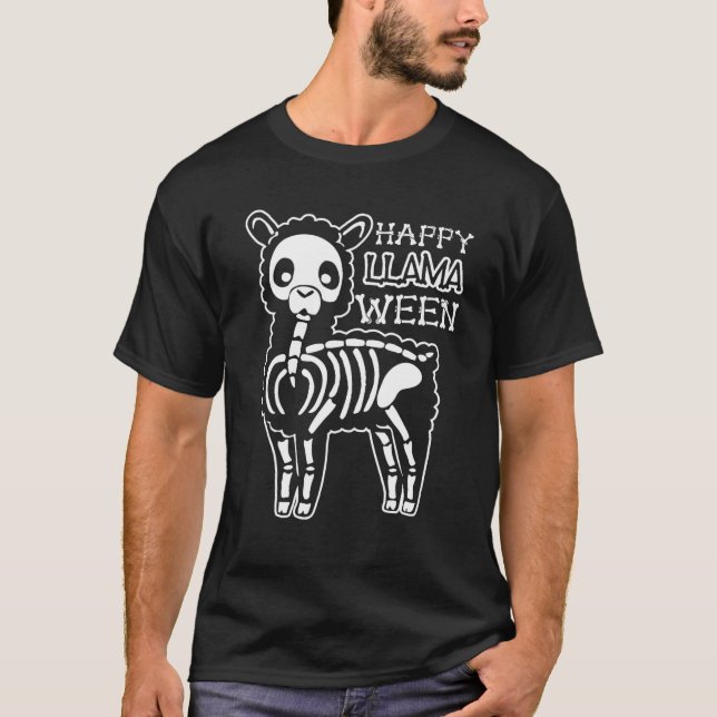Funny Halloween Llama Happy Llamaween Skeleton Fam T-Shirt (Front)