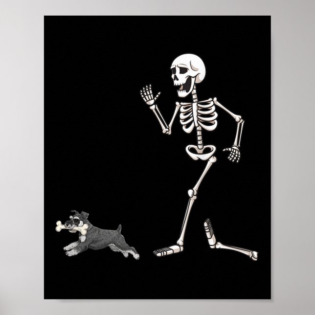 Funny Halloween Miniature Schnauzer And Skeleton  Poster (Front)