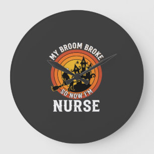 Funny Halloween Nurse Witch Broom Costume Graphic Large Clock