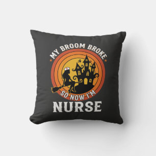 Funny Halloween Nurse Witch Broom Costume Graphic Throw Pillow