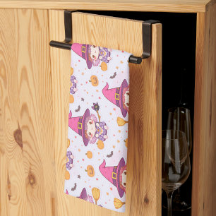Funny Halloween Pattern with Pumpkins and witch Kitchen Towel