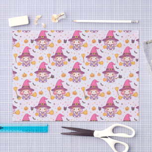 Funny Halloween Pattern with Pumpkins and witch Tissue Paper