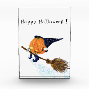 Funny Halloween Photo Block Witch Pumpkin Flying