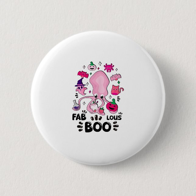 Funny Halloween Pink Cat Ghost Juggling Octopus Fa 2 Inch Round Button (Front)