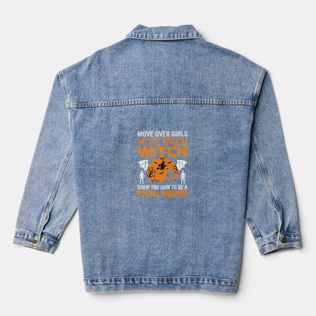 Funny Halloween Postal Worker Witch Cat Graphic Denim Jacket (Back)