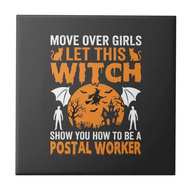 Funny Halloween Postal Worker Witch Cat Graphic Tile (Front)