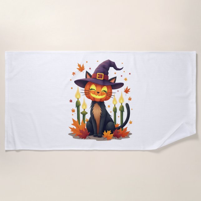 Funny Halloween Pumpkin Head Cat Lover Beach Towel (Front)