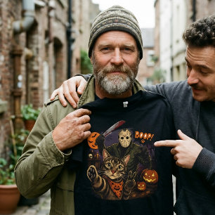 Funny Halloween Selfie Cat & Jason Voorhees  T-Shirt