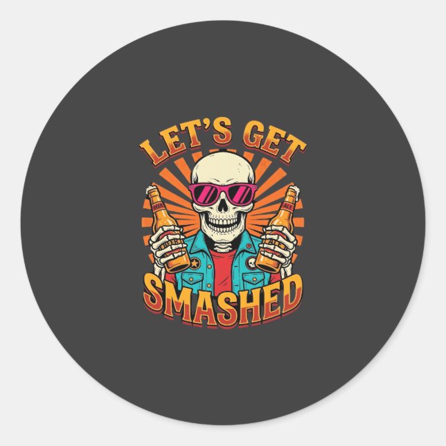 Funny Halloween Skeleton Beer Smashed Design_1 Classic Round Sticker (Front)