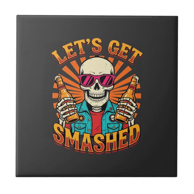 Funny Halloween Skeleton Beer Smashed Design_1 Tile (Front)