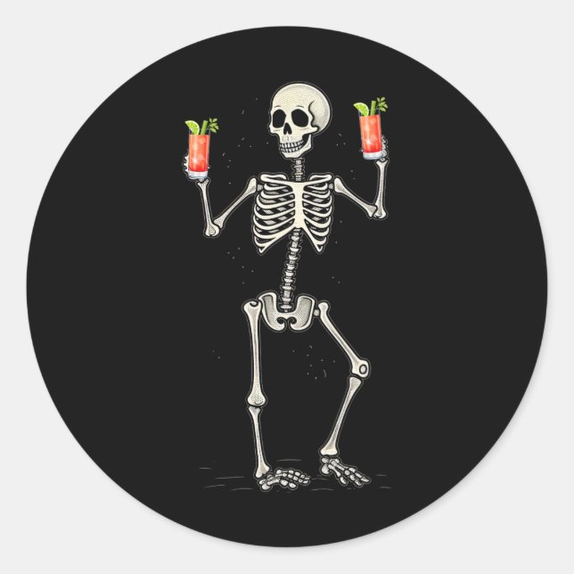 Funny Halloween Skeleton Drinking Bloody Mary Tail Classic Round Sticker (Front)