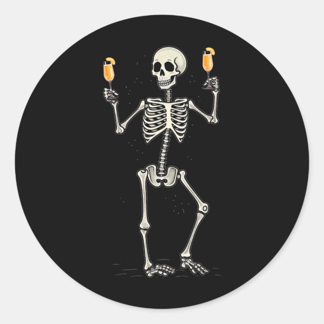 Funny Halloween Skeleton Drinking Peach Bellini Ta Classic Round Sticker (Front)