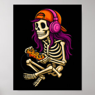 Funny Halloween Skeleton Gamer Video Gaming Girls  Poster