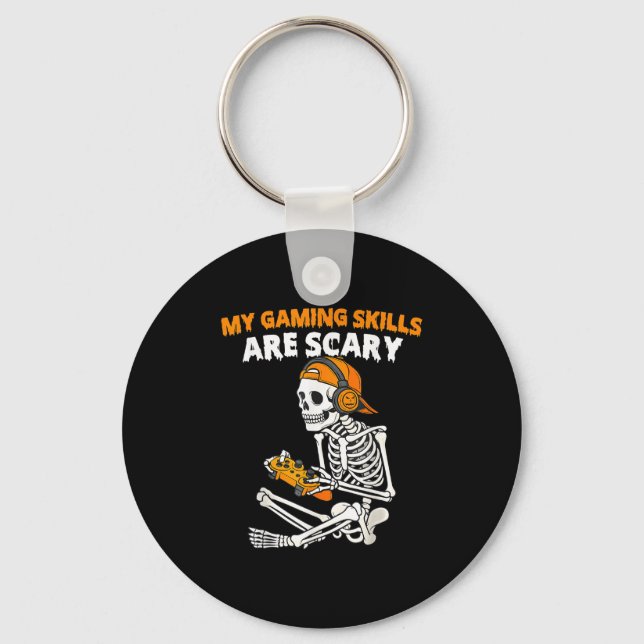 Funny Halloween Skeleton Gamer Video Gaming Skills Keychain (Front)