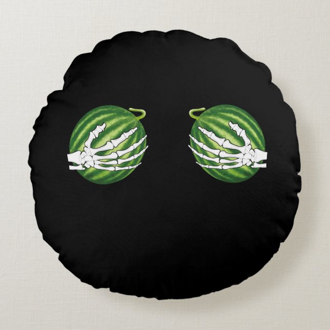 Funny Halloween Skeleton Hands Holding Melons Round Pillow (Front)