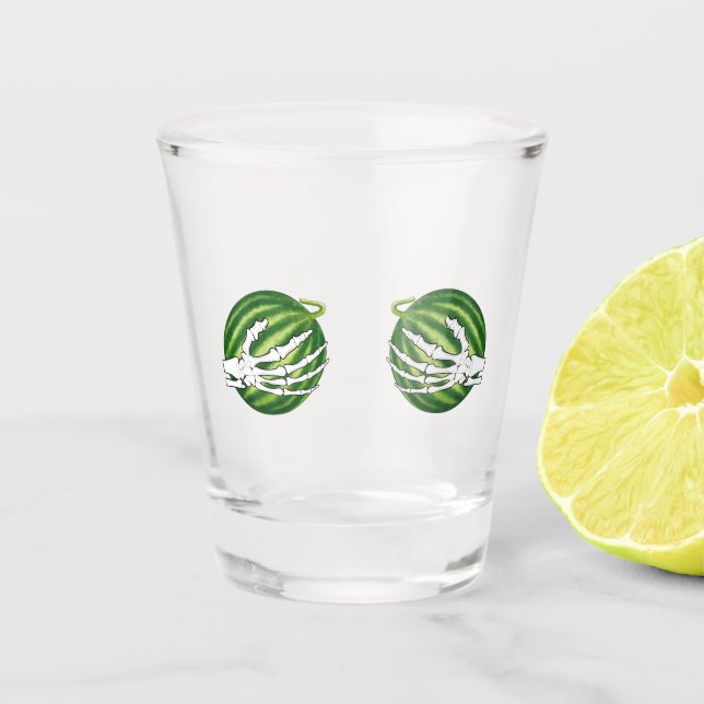 Funny Halloween Skeleton Hands Holding Melons Shot Glass (Front)