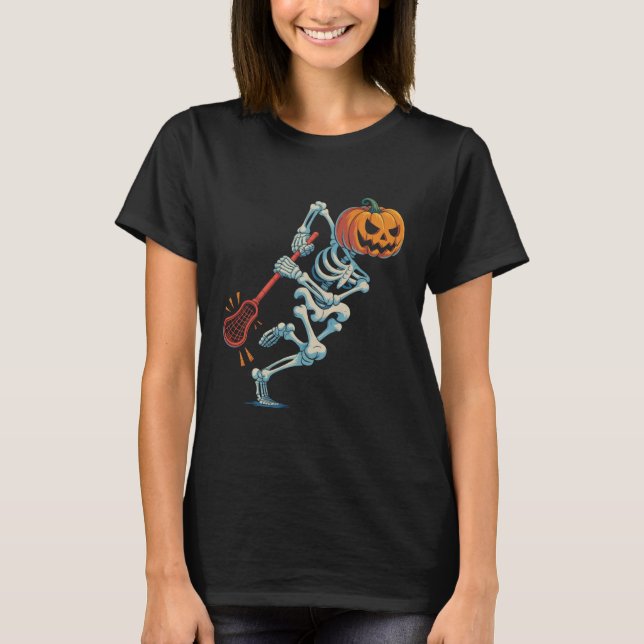 Funny Halloween Skeleton Pumpkin Lacrosse Spooky H T-Shirt (Front)