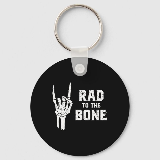 Funny Halloween Skeleton Rock Hand Rad To The Bone Keychain (Front)
