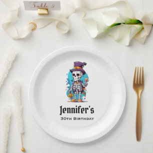 Funny Halloween Skeleton wearing Top Hat Birthday Paper Plate