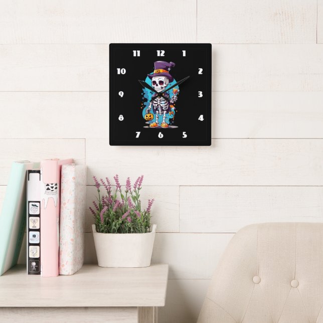 Funny Halloween Skeleton wearing Top Hat Square Wall Clock (Reading Room)