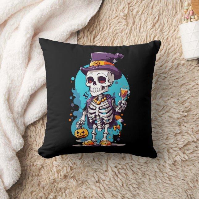Funny Halloween Skeleton wearing Top Hat Throw Pillow (Blanket)